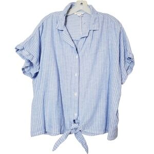 beach lunch lounge Blue White Stripe Linen Blend Short Sleeve Tie Front Shirt XL